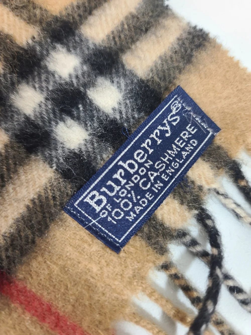 Burberry Tan Plaid Wool Scarf with Black and Red Accents